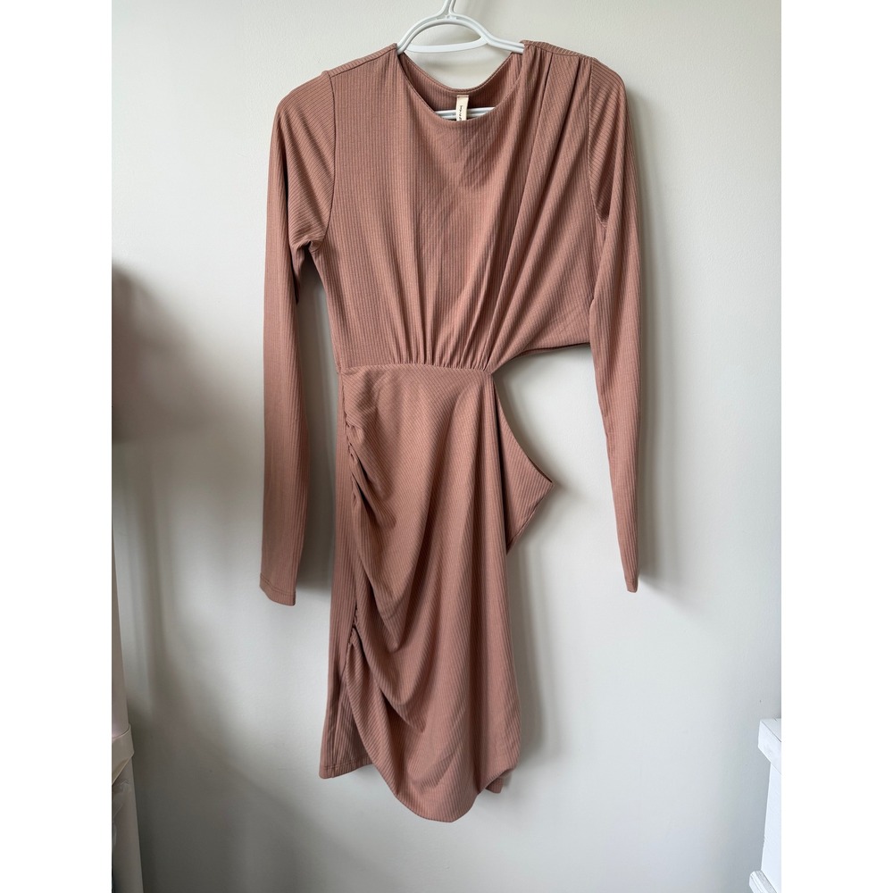 Tyche Mauve Ribbed Long Sleeve Mini Dress Side Cutout Ruched Skirt Large
